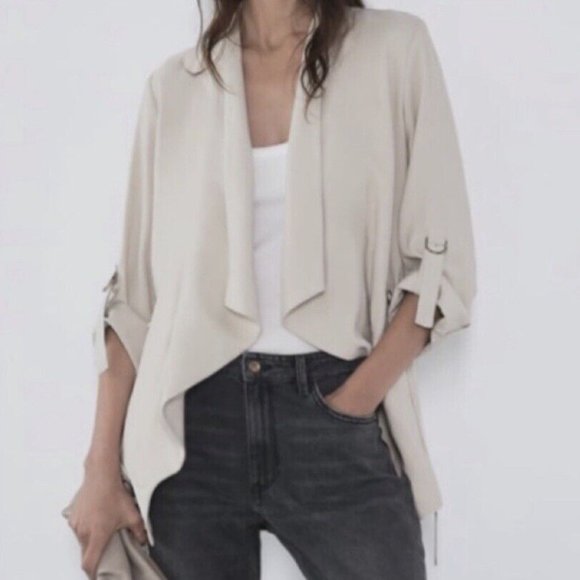 Beautiful EUC Zara Open Front Drawstring Waterfall Blazer Jacket in Beige, Small - Picture 6 of 11